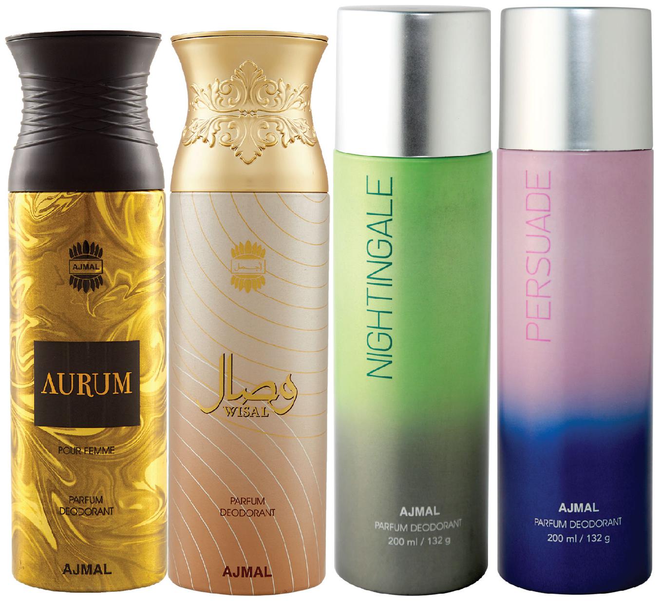

Ajmal 1 Aurum Femme for Women 1 Wisal for Women 1 Nightingale and 1 Persuade for Men Women High Quality Deodorants each 200ml Combo Pack of 4