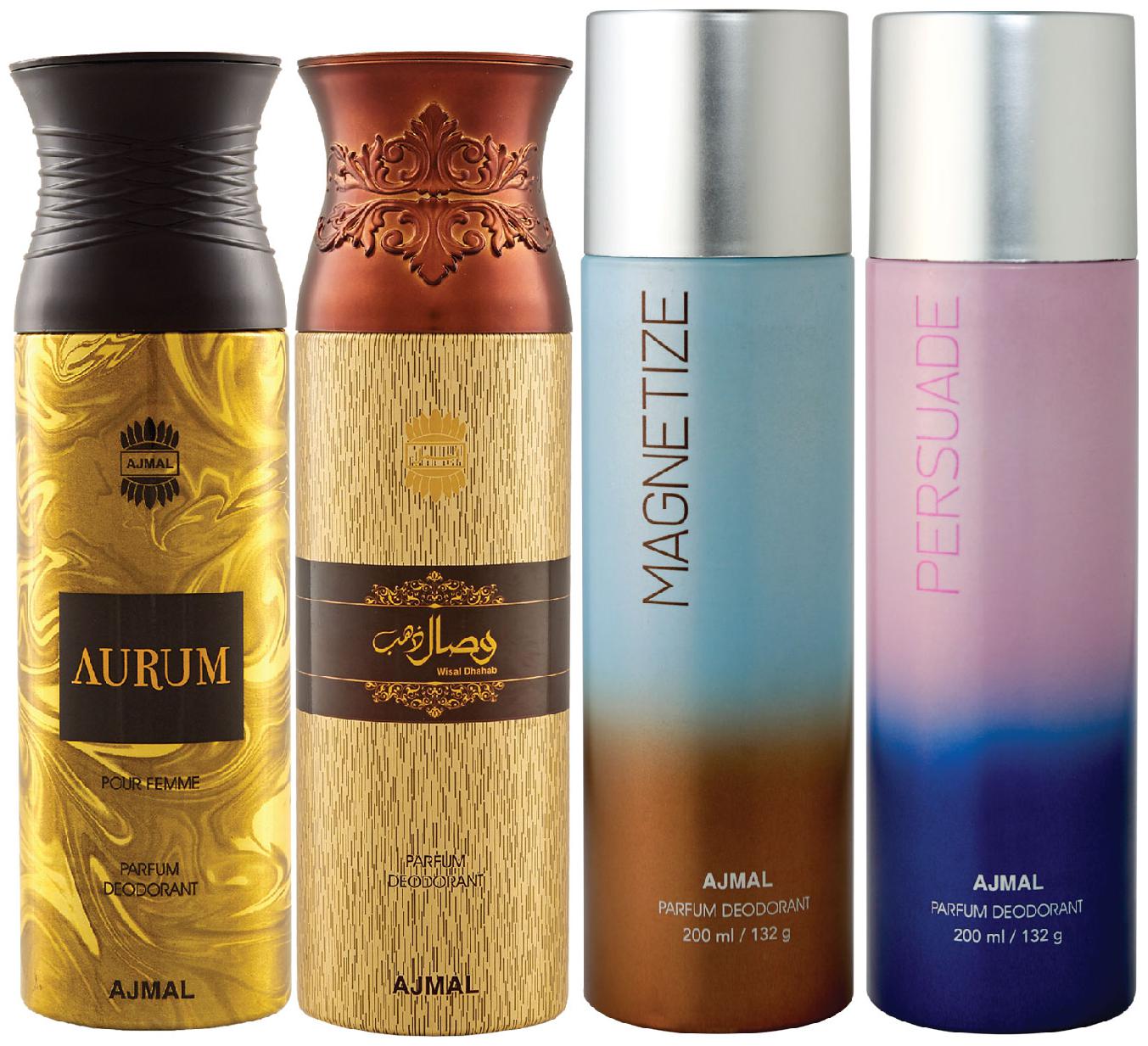 

Ajmal 1 Aurum Femme for Women 1 Wisal Dhahab Homme for Men 1 Magnetize and 1 Persuade for Men Women High Quality Deodorants each 200ml Combo Pack of 4