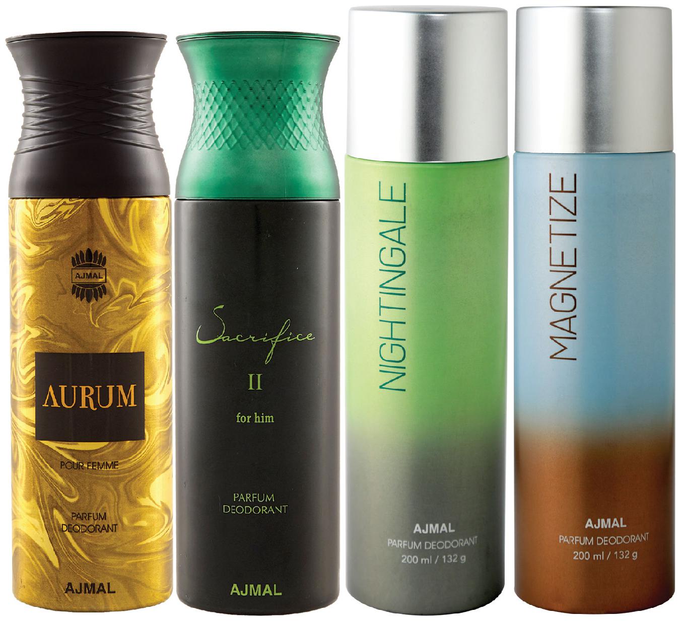 

Ajmal 1 Aurum Femme for Women 1 Sacrifice II for Him Homme for Men 1 Nightingale and 1 Magnetize for Men Women High Quality Deodorants each 200ml Combo Pack of 4