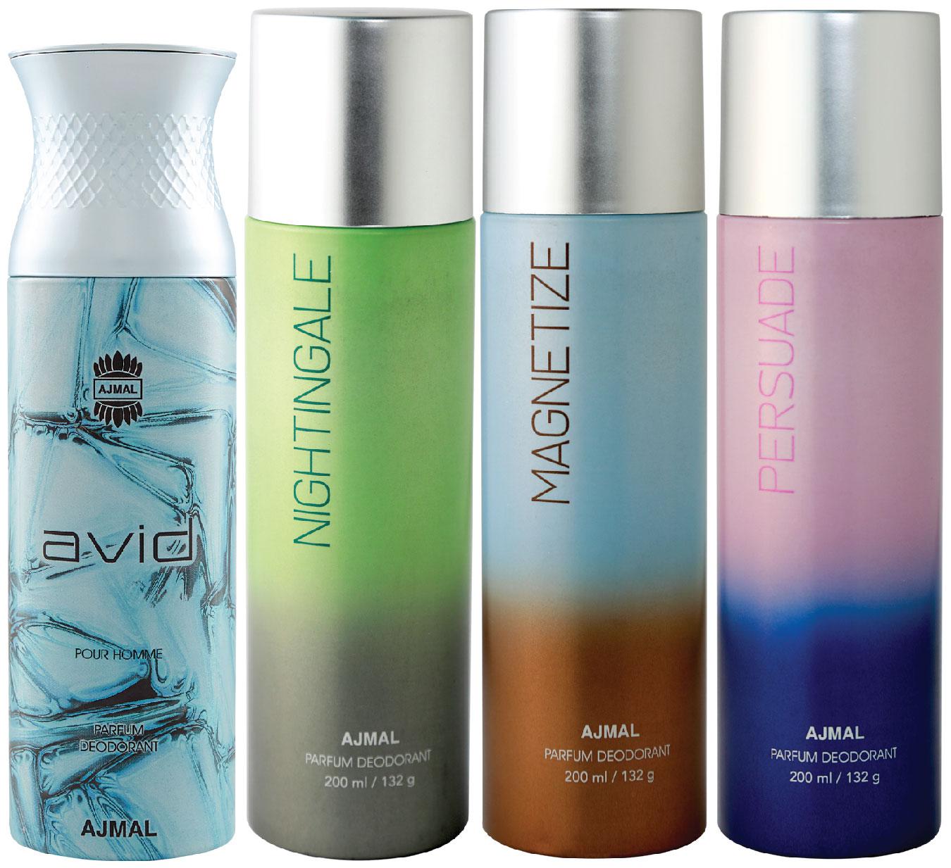 

Ajmal 1 Avid for Men 1 Nightingale 1 Magnetize and 1 Persuade for Men Women High Quality Deodorants each 200ml Combo ( Pack of 4 )