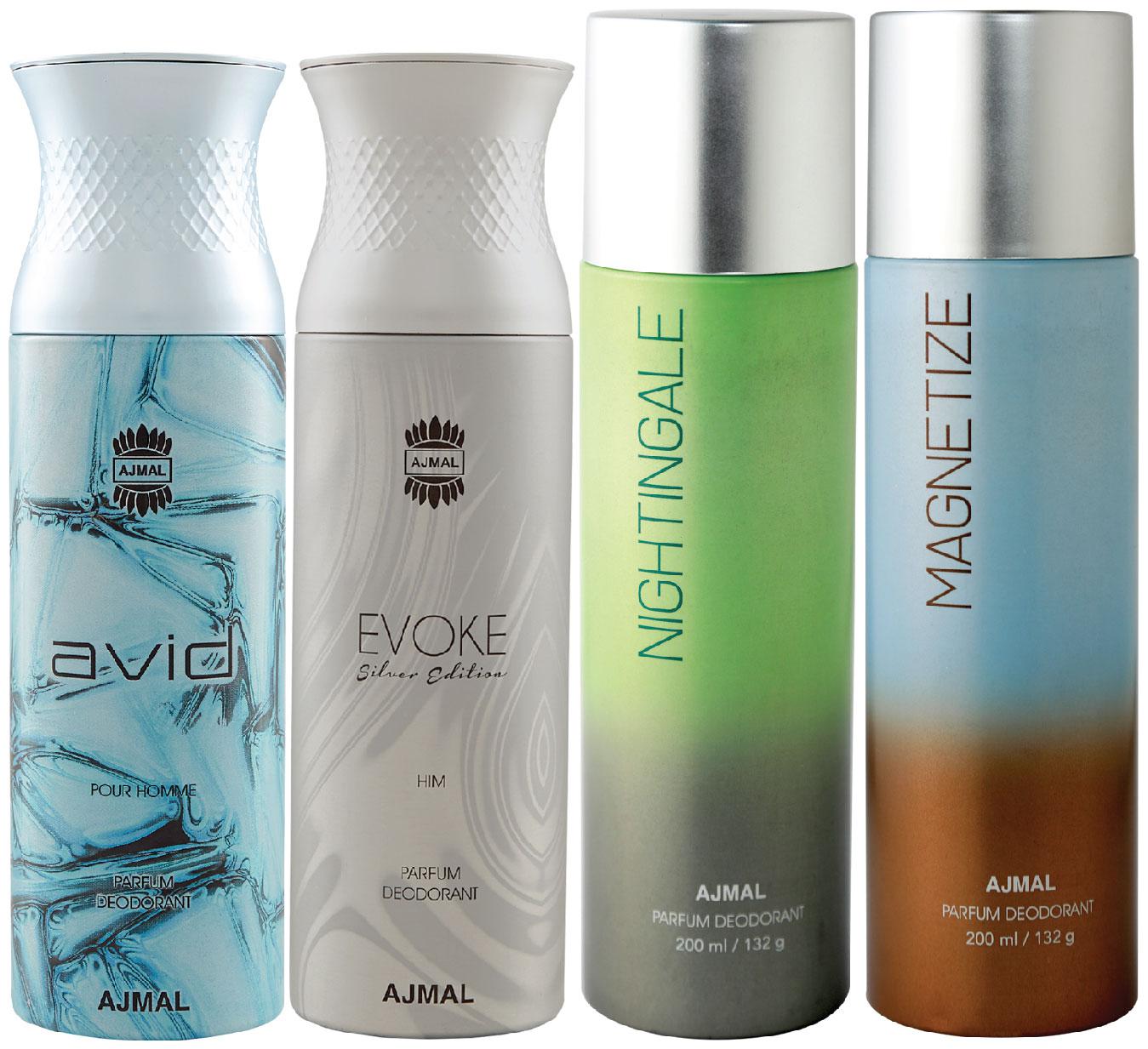 

Ajmal 1 Avid Homme for Men 1 Evoke Silver Edition for Him for Men 1 Nightingale and 1 Magnetize for Men Women High Quality Deodorants each 200ml Combo Pack of 4