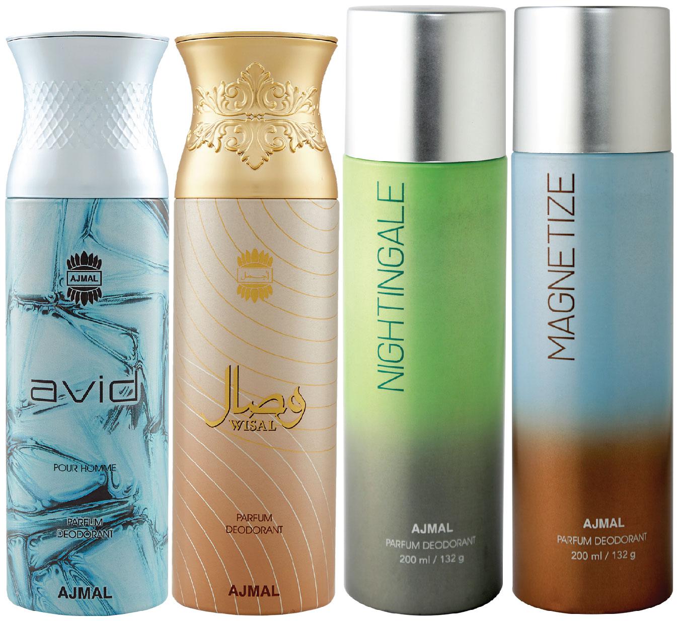 

Ajmal 1 Avid Homme for Men 1 Wisal for Women 1 Nightingale and 1 Magnetize for Men Women High Quality Deodorants each 200ml Combo Pack of 4