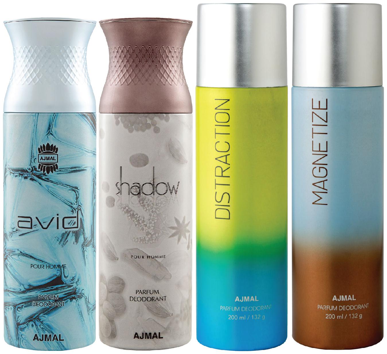 

Ajmal 1 Avid Homme for Men 1 Shadow Homme for Men 1 Distraction and 1 Magnetize for Men Women High Quality Deodorants each 200ml Combo Pack of 4