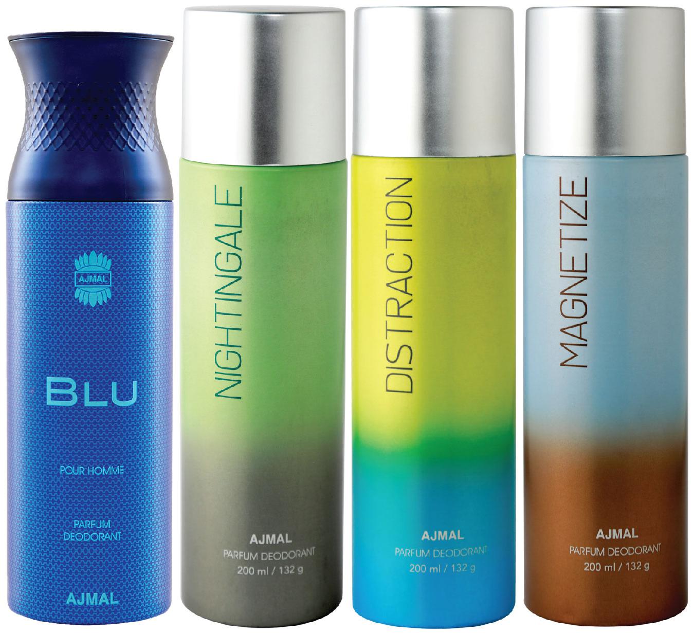 

Ajmal 1 Blu Homme for Men 1 Nightingale 1 Distraction and 1 Magnetize for Men Women High Quality Deodorants each 200ml Combo ( Pack of 4 )