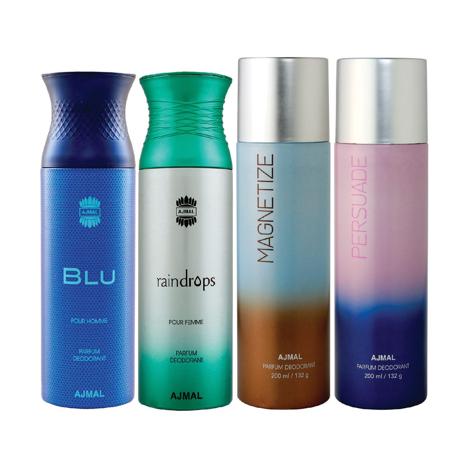 

Ajmal 1 Blu Homme for Men 1 Raindrops Femme for Women 1 Magnetize and 1 Persuade for Men Women High Quality Deodorants each 200ml Combo Pack of 4
