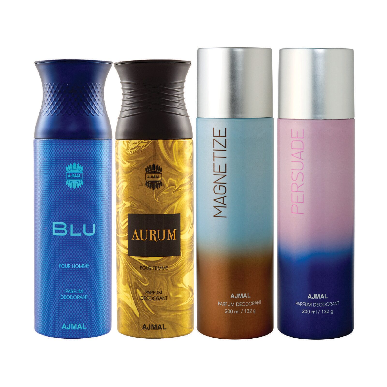 

Ajmal 1 Blu Homme for Men 1 Aurum Femme for Women 1 Magnetize and 1 Persuade for Men Women High Quality Deodorants each 200ml Combo Pack of 4