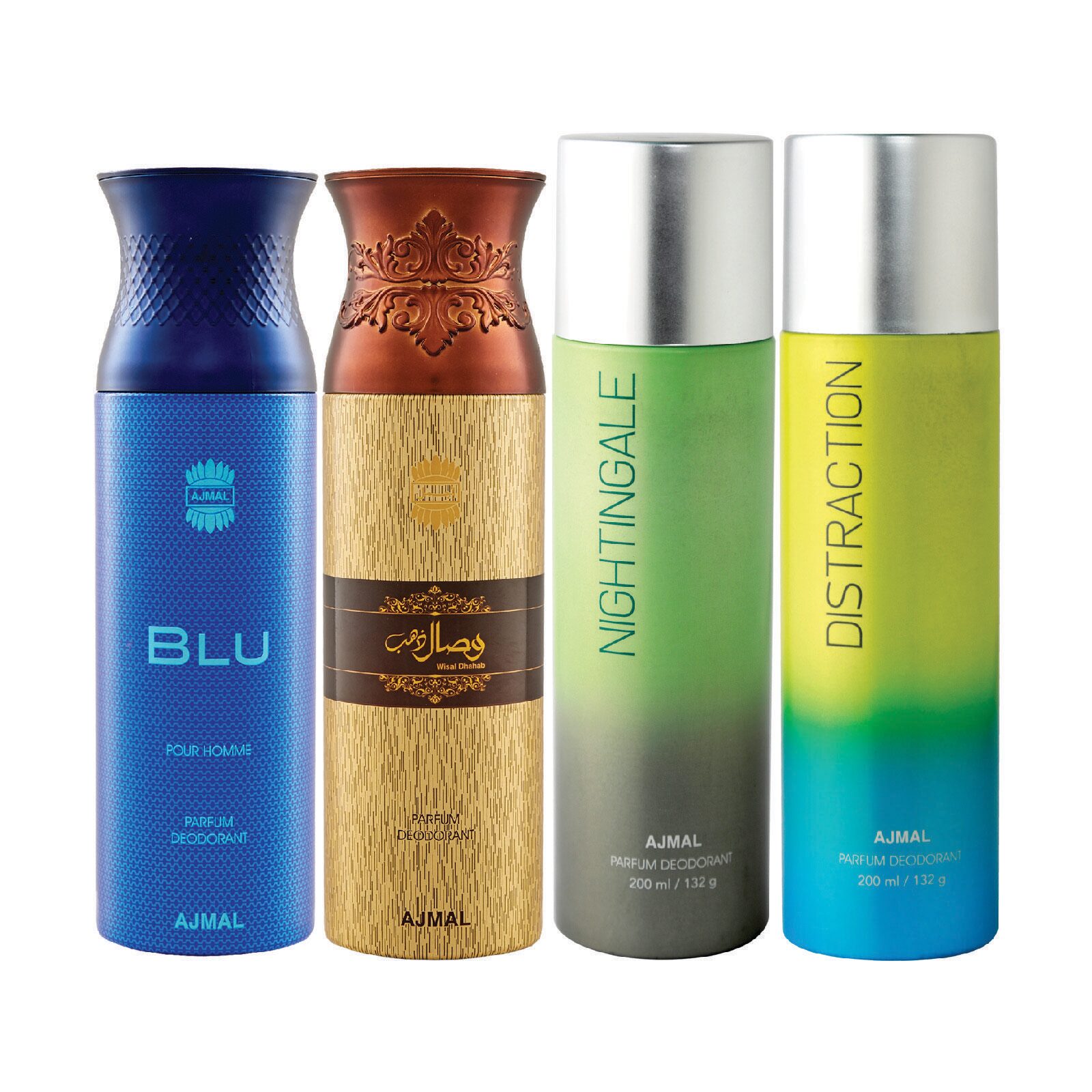 

Ajmal 1 Blu Homme for Men 1 Wisal Dhahab for Men 1 Nightingale and 1 Distraction for Men Women High Quality Deodorants each 200ml Combo Pack of 4