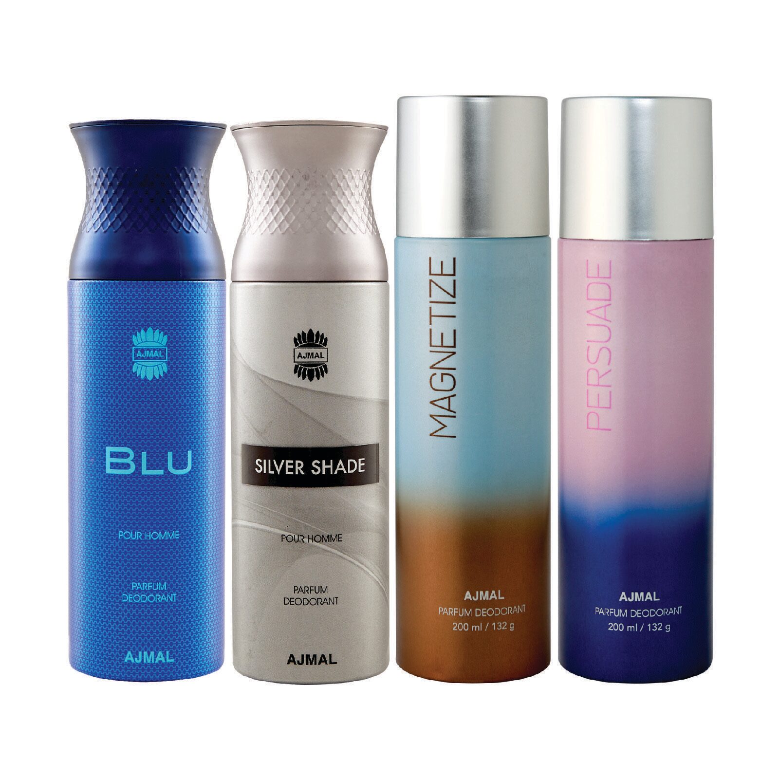 

Ajmal 1 Blu Homme for Men 1 Silver Shade Homme for Men 1 Magnetize and 1 Persuade for Men Women High Quality Deodorants each 200ml Combo Pack of 4