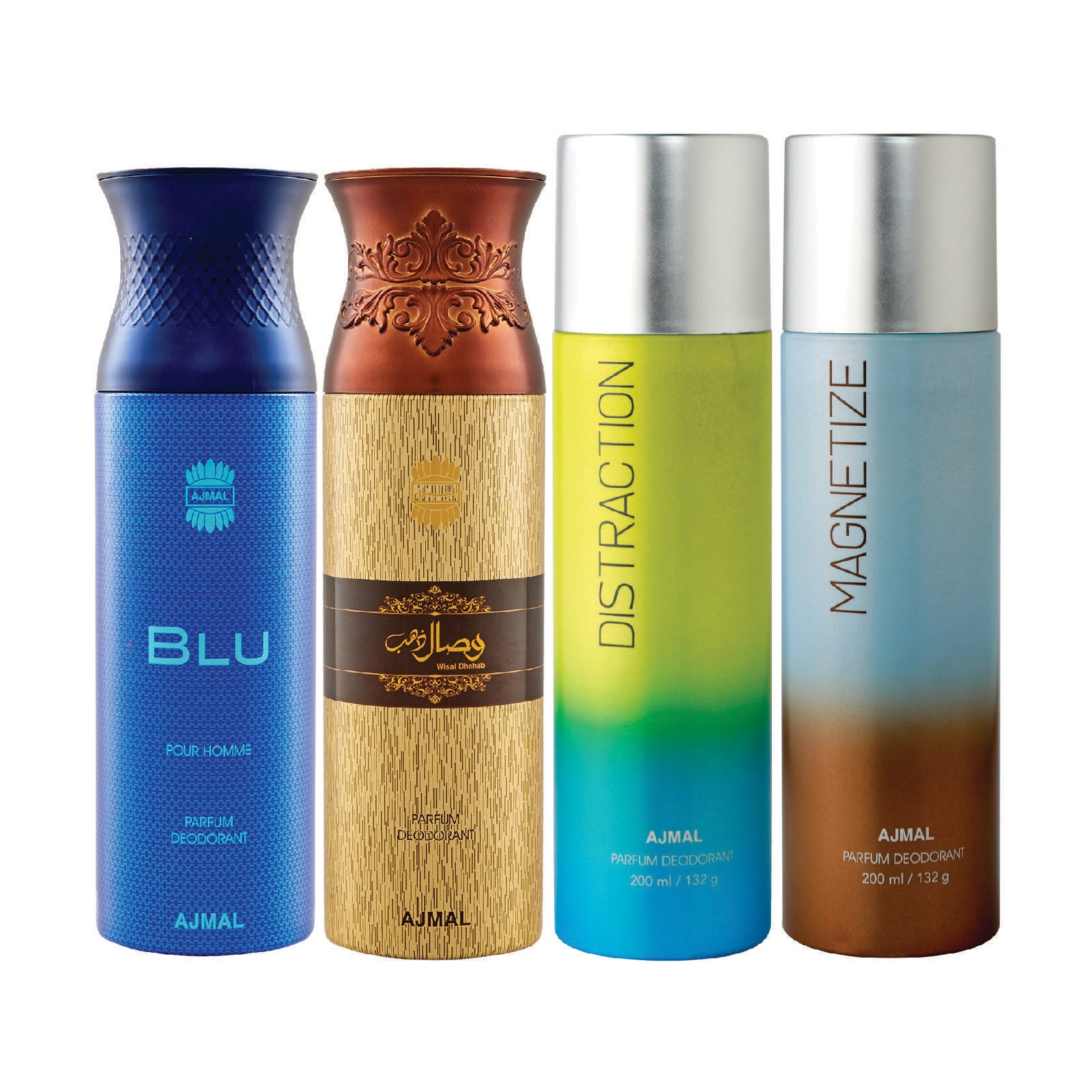

Ajmal 1 Blu Homme for Men 1 Wisal Dhahab for Men 1 Distraction and 1 Magnetize for Men Women High Quality Deodorants each 200ml Combo Pack of 4