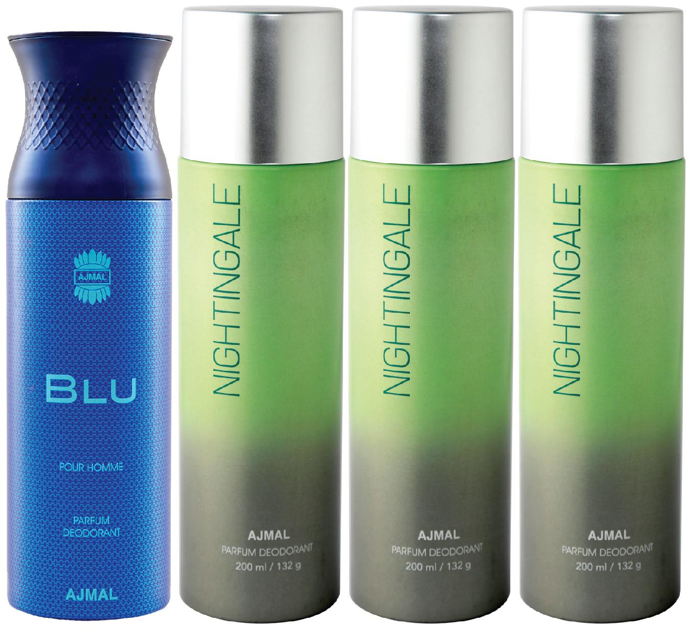 

Ajmal 1 Blu Homme for Men and 3 Nightingale for Men Women High Quality Deodorants each 200ml Combo ( Pack of 4 )
