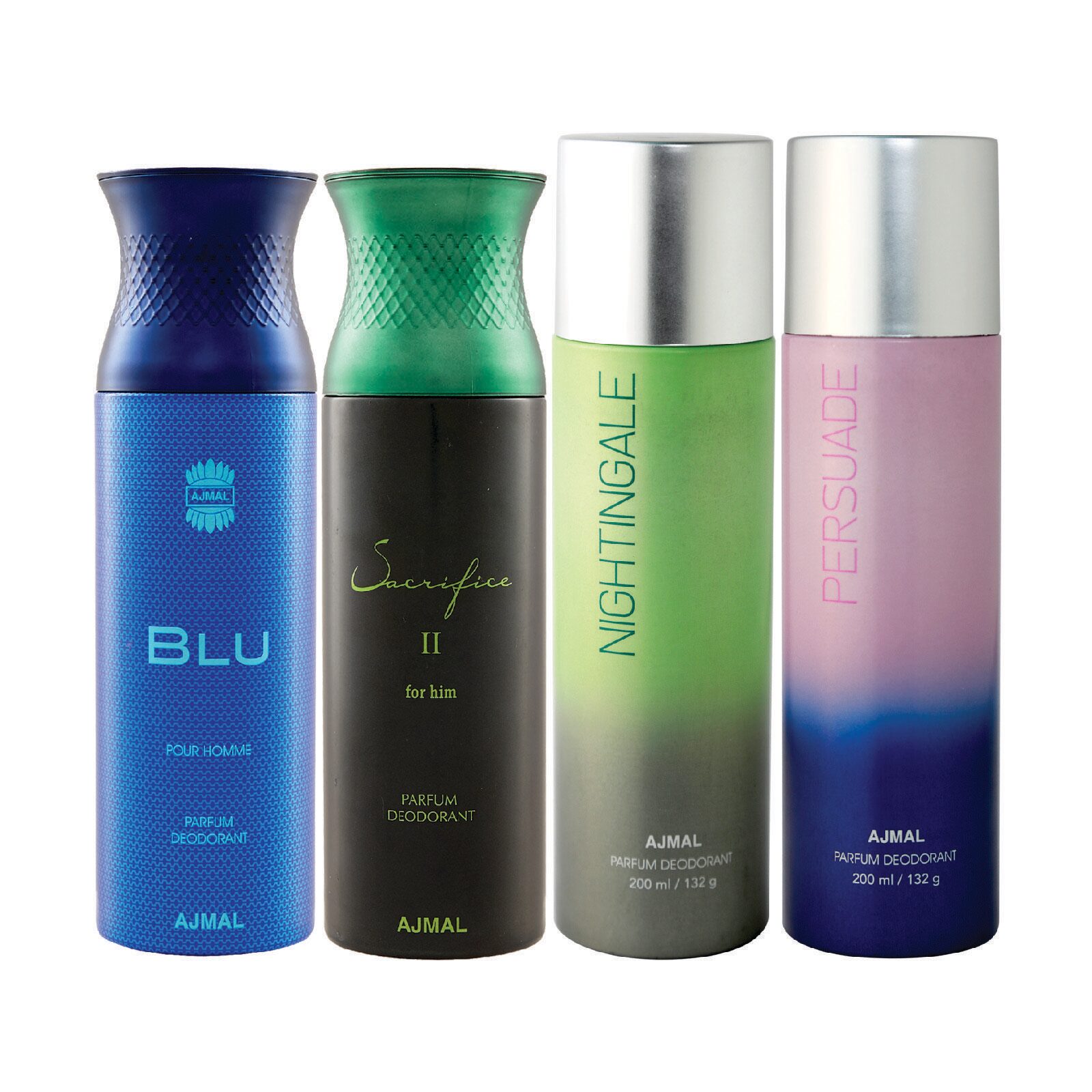 

Ajmal 1 Blu Homme for Men 1 Sacrifice II for Him for Men 1 Nightingale and 1 Persuade for Men Women High Quality Deodorants each 200ml Combo Pack of 4