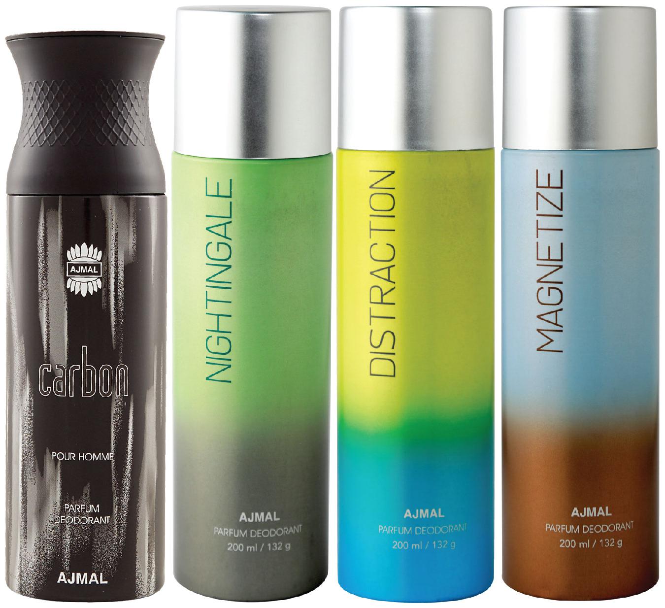 

Ajmal 1 Carbon for Men 1 Nightingale 1 Distraction and 1 Magnetize for Men Women High Quality Deodorants each 200ml Combo ( Pack of 4 )