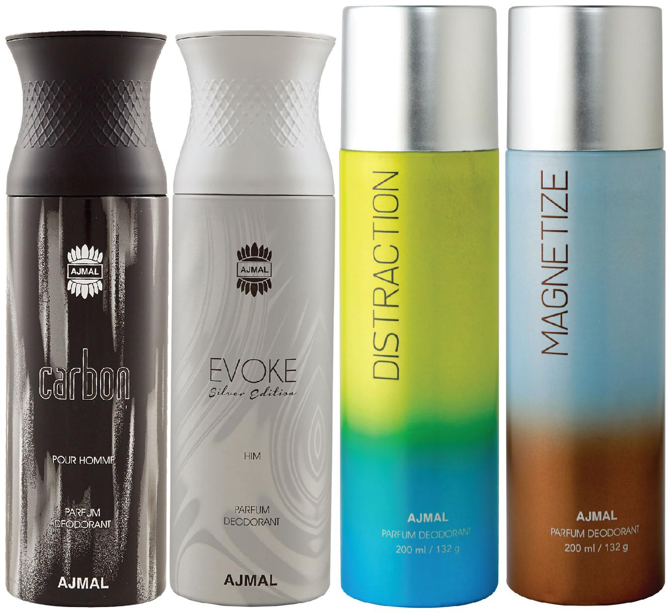 

Ajmal 1 Carbon Homme for Men 1 Evoke Silver Edition for Him for Men 1 Distraction and 1 Magnetize for Men Women High Quality Deodorants each 200ml Combo Pack of 4