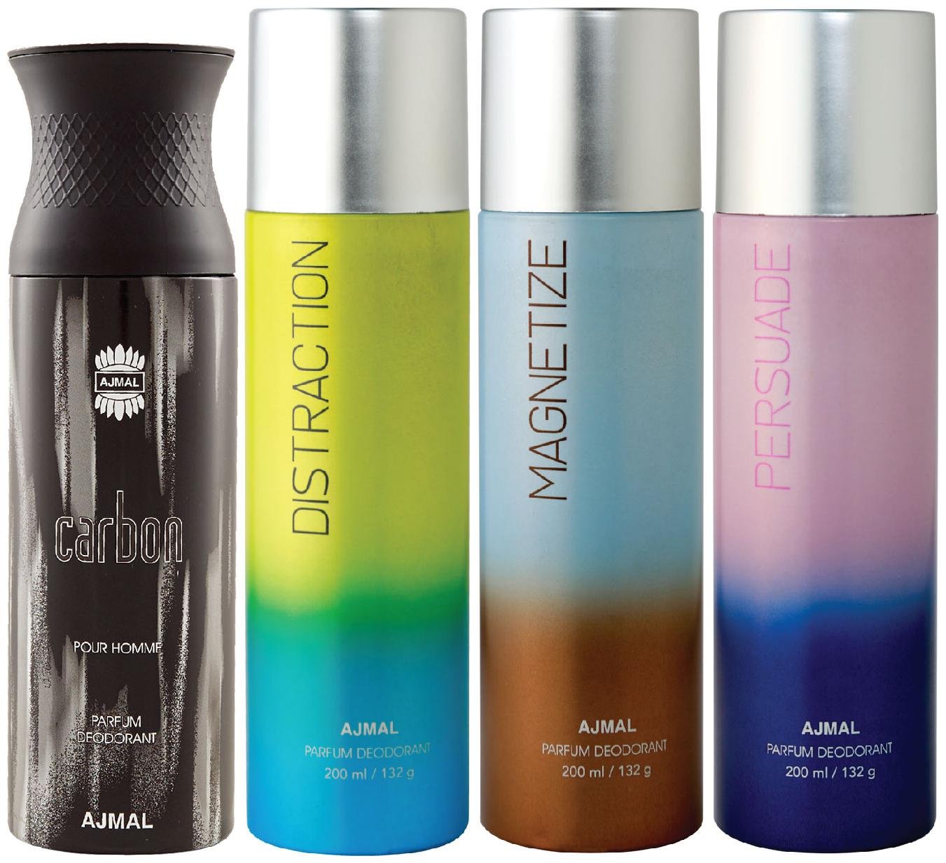 

Ajmal 1 Carbon for Men 1 Distraction 1 Magnetize and 1 Persuade for Men Women High Quality Deodorants each 200ml Combo ( Pack of 4 )