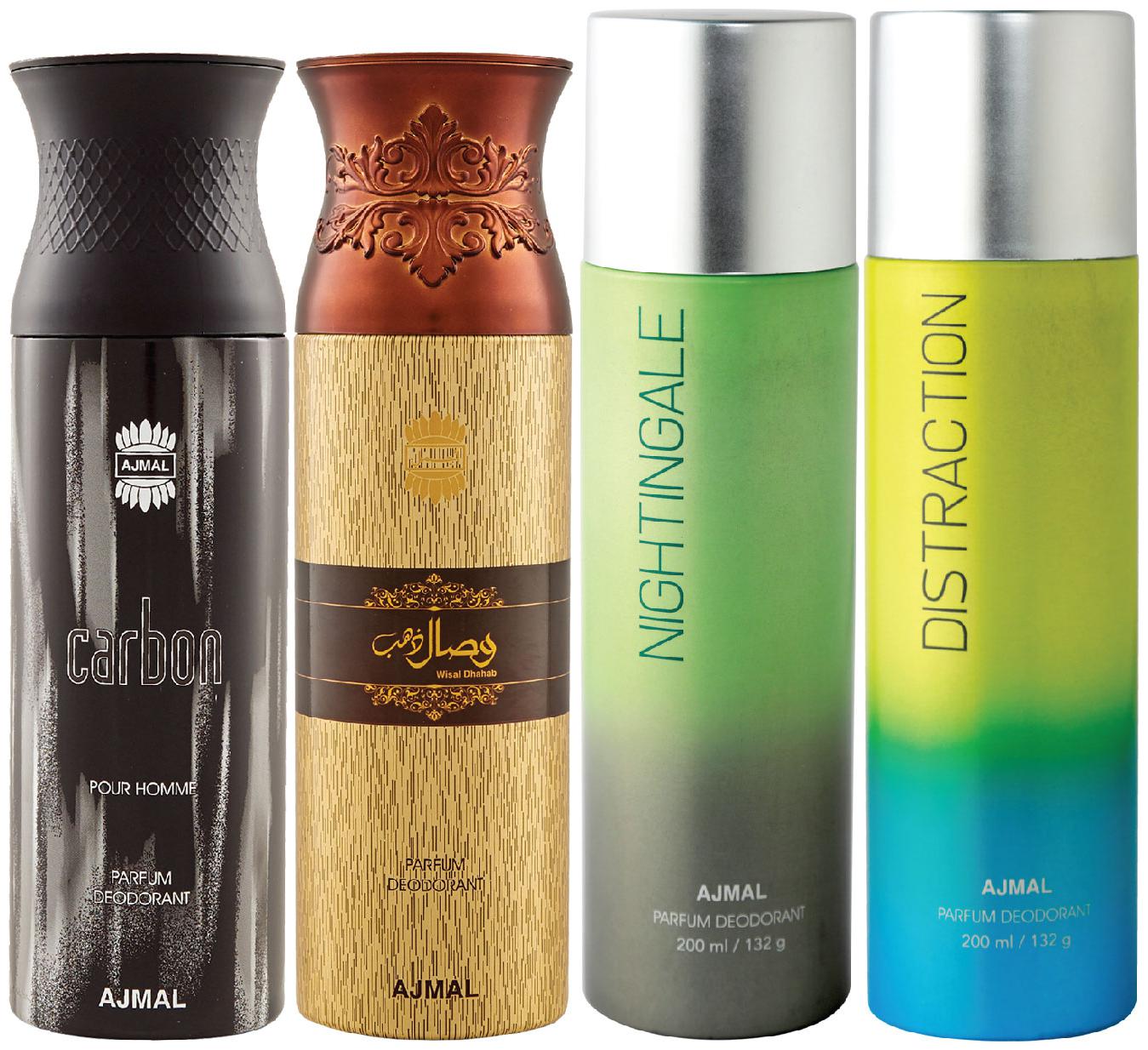 

Ajmal 1 Carbon Homme for Men 1 Wisal Dhahab for Men 1 Nightingale and 1 Distraction for Men Women High Quality Deodorants each 200ml Combo Pack of 4