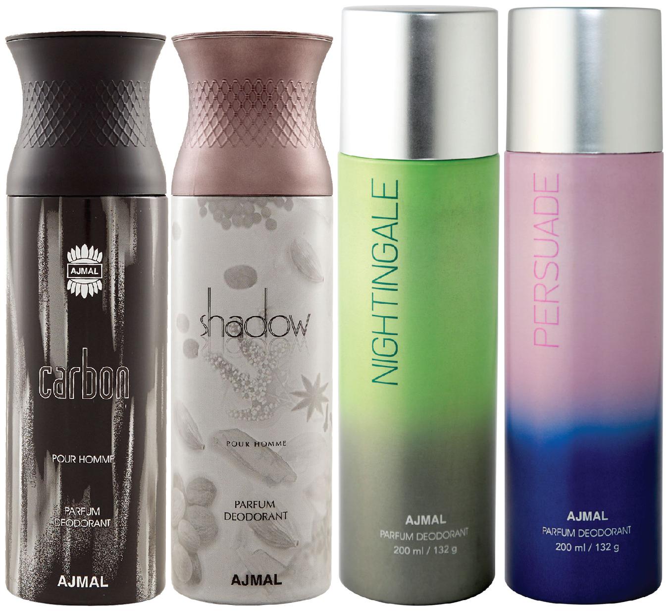 

Ajmal 1 Carbon Homme for Men 1 Shadow Homme for Men 1 Nightingale and 1 Persuade for Men Women High Quality Deodorants each 200ml Combo Pack of 4