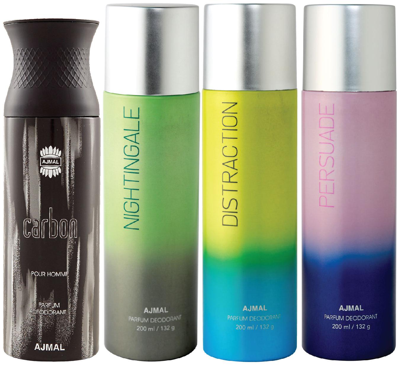 

Ajmal 1 Carbon for Men 1 Nightingale 1 Distraction and 1 Persuade for Men Women High Quality Deodorants each 200ml Combo ( Pack of 4 )