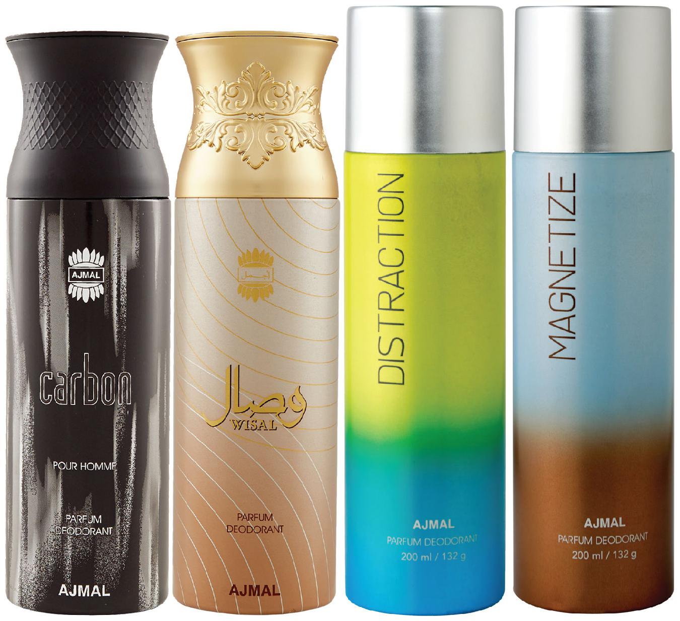 

Ajmal 1 Carbon Homme for Men 1 Wisal for Women 1 Distraction and 1 Magnetize for Men Women High Quality Deodorants each 200ml Combo Pack of 4