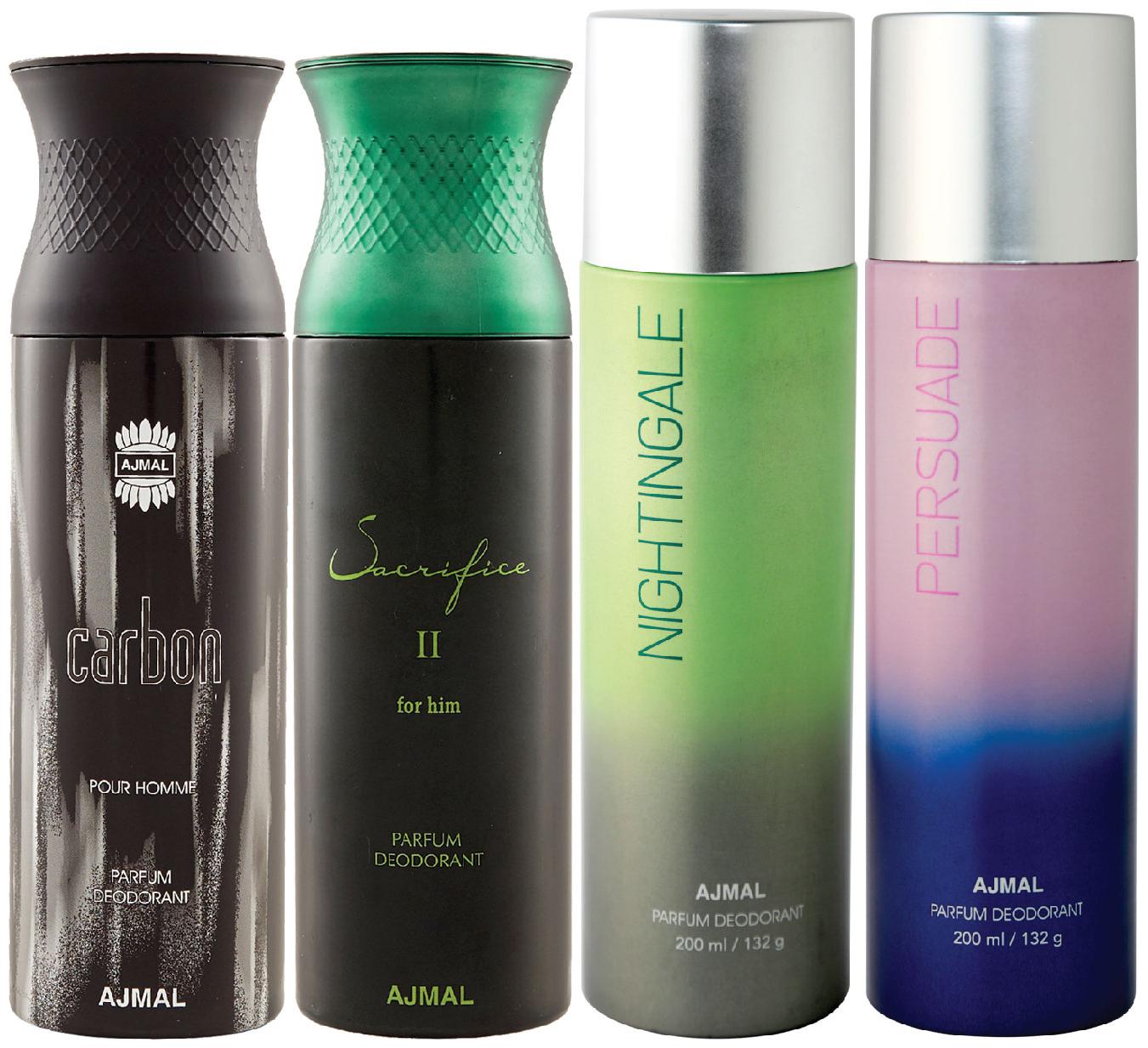 

Ajmal 1 Carbon Homme for Men 1 Sacrifice II for Him for Men 1 Nightingale and 1 Persuade for Men Women High Quality Deodorants each 200ml Combo Pack of 4
