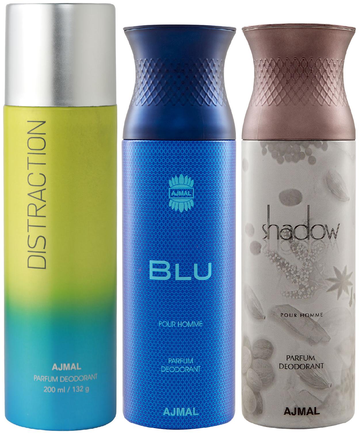 

Ajmal 1 Distraction for Men Women 1 Blu Homme for Men and 1 Shadow Him for Men High Quality Deodorants each 200 ml (Pack Of 3)
