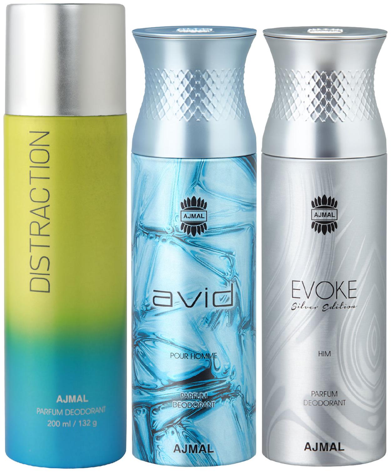 

Ajmal 1 Distraction for Men Women 1 Ajmal Avid for Men and 1 Evoke Silver Edition for Him for Men High Quality Deodorants each 200 ml (Pack Of 3)