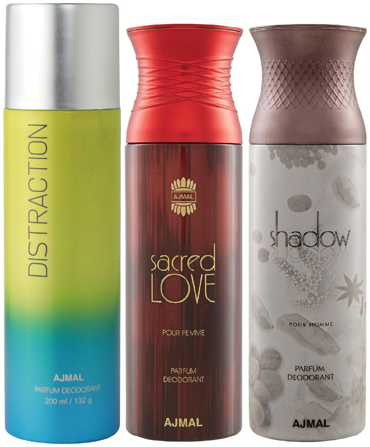 

Ajmal 1 Distraction for Men Women 1 Sacred Love for Women and 1 Shadow Him for Men High Quality Deodorants 200 ml Each ( Pack of 3 )