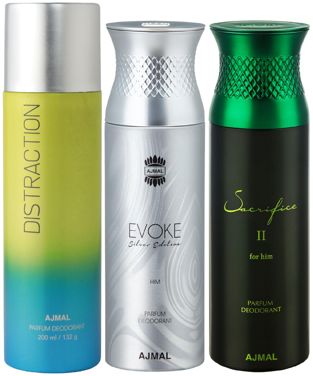 

Ajmal 1 Distraction for Men Women 1 Ajmal Evoke Silver Edition for Him for Men and 1 Sacrifice II for Him for Men High Quality Deodorants each 200 ml (Pack Of 3)