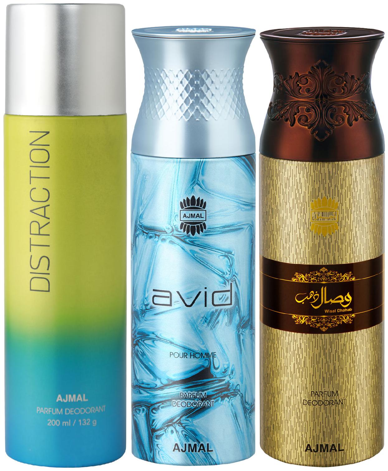

Ajmal 1 Distraction for Men Women 1 Ajmal Avid for Men and 1 Wisal Dhahab for Men High Quality Deodorants each 200 ml (Pack Of 3)