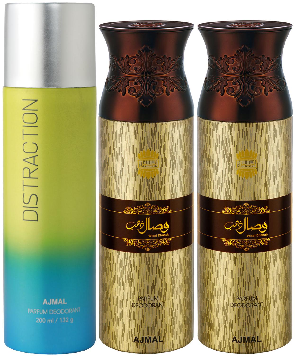 

Ajmal 1 Distraction for Men Women and 2 Wisal Dhahab for Men High Quality Deodorants 200 ml Each ( Pack of 3 )
