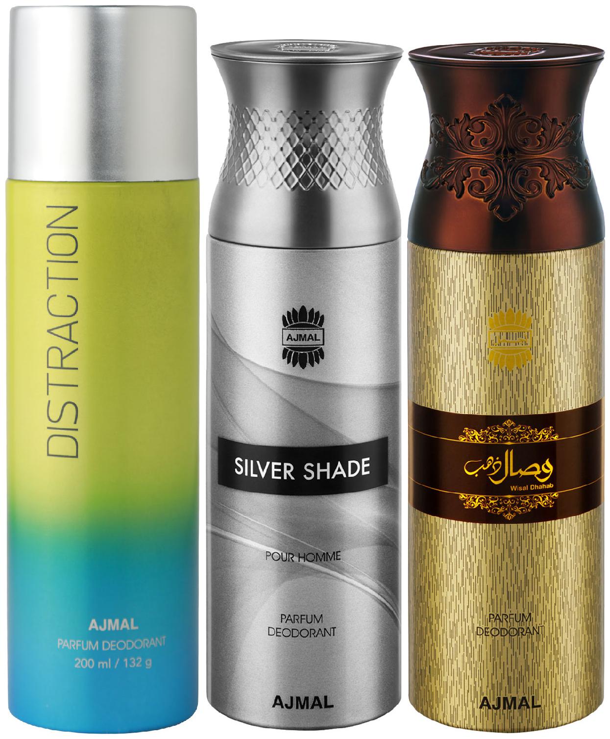 

Ajmal 1 Distraction for Men Women 1 Ajmal Silver Shade for Men and 1 Wisal Dhahab for Men High Quality Deodorants each 200 ml (Pack Of 3)