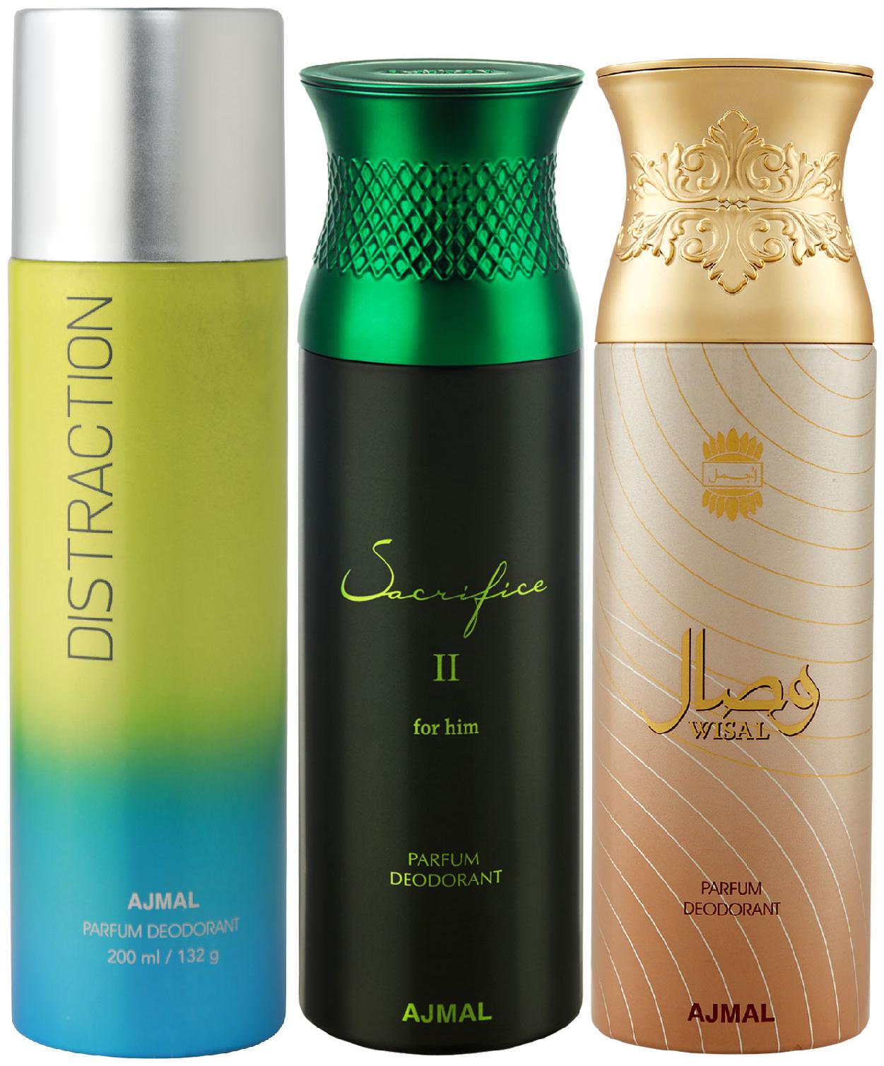 

Ajmal 1 Distraction for Men Women 1 Ajmal Sacrifice II for Him for Men and 1 Wisal for Women High Quality Deodorants each 200 ml (Pack Of 3)