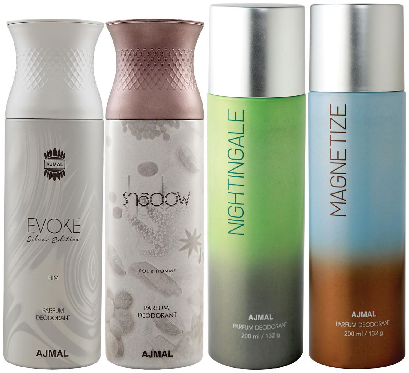 

Ajmal 1 Evoke Silver Edition for Him for Men 1 Shadow Homme for Men 1 Nightingale and 1 Magnetize for Men Women High Quality Deodorants each 200ml Combo Pack of 4