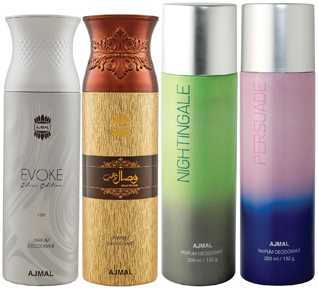 

Ajmal 1 Evoke Silver Edition for Him for Men 1 Wisal Dhahab for Men 1 Nightingale and 1 Persuade for Men Women High Quality Deodorants each 200ml Combo Pack of 4