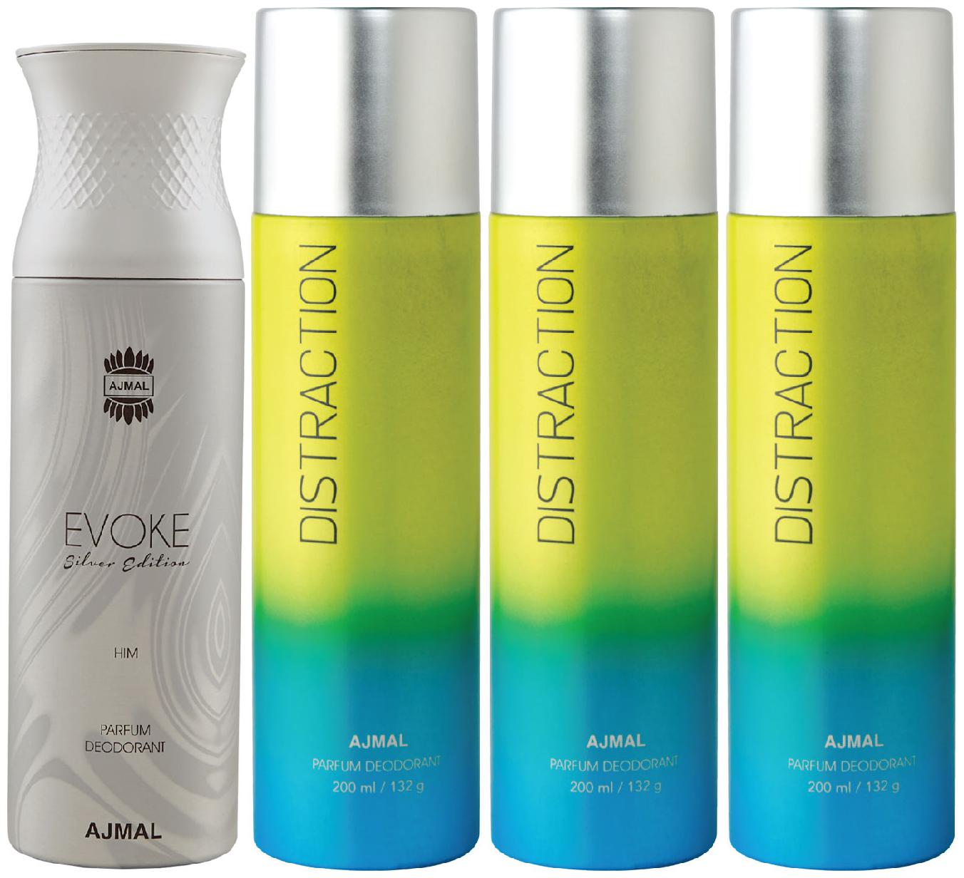 

Ajmal 1 Evoke Silver Edition for Him for Men and 3 Distraction for Men Women High Quality Deodorants each 200ml Combo ( Pack of 4 )