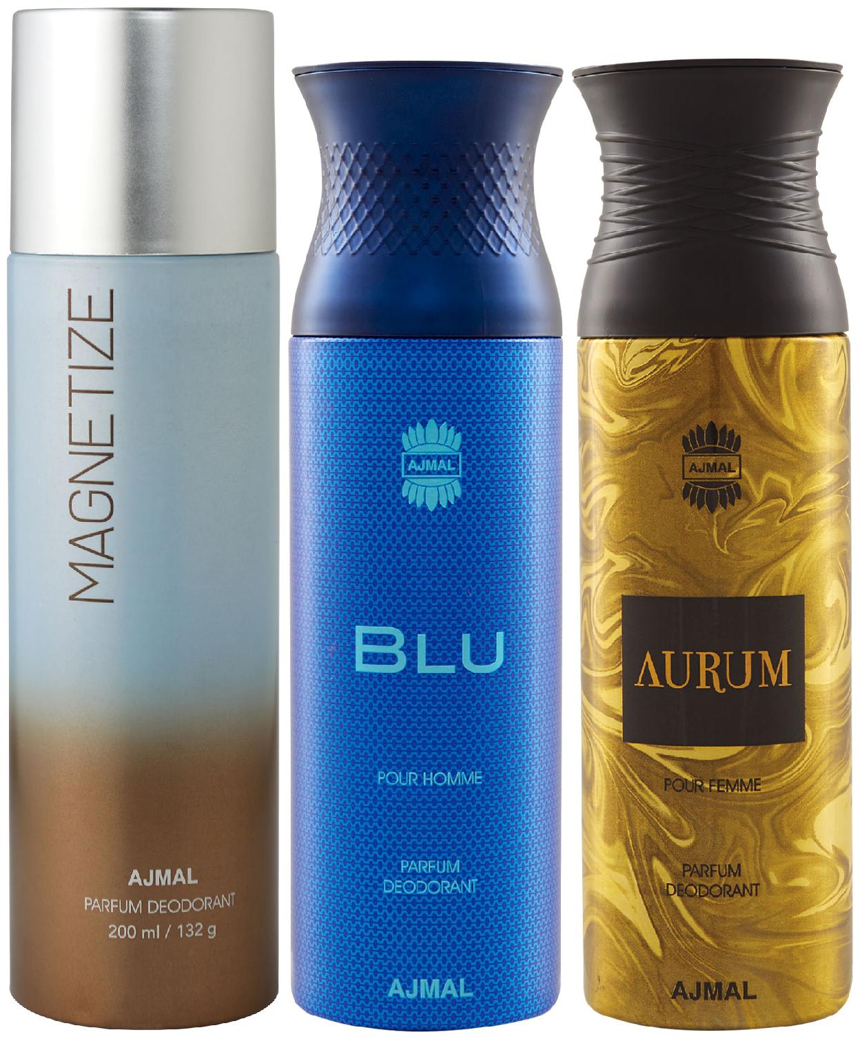 

Ajmal 1 Magnetize for Men Women 1 Blu Homme for Men and 1 Aurum Femme for Women High Quality Deodorants each 200 ml (Pack Of 3)