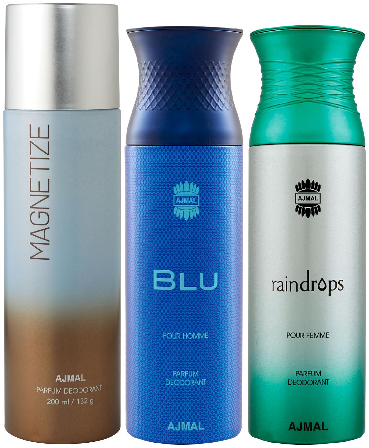 

Ajmal 1 Magnetize for Men Women 1 Blu Homme for Men and 1 Raindrops Femme for Women High Quality Deodorants each 200 ml (Pack Of 3)