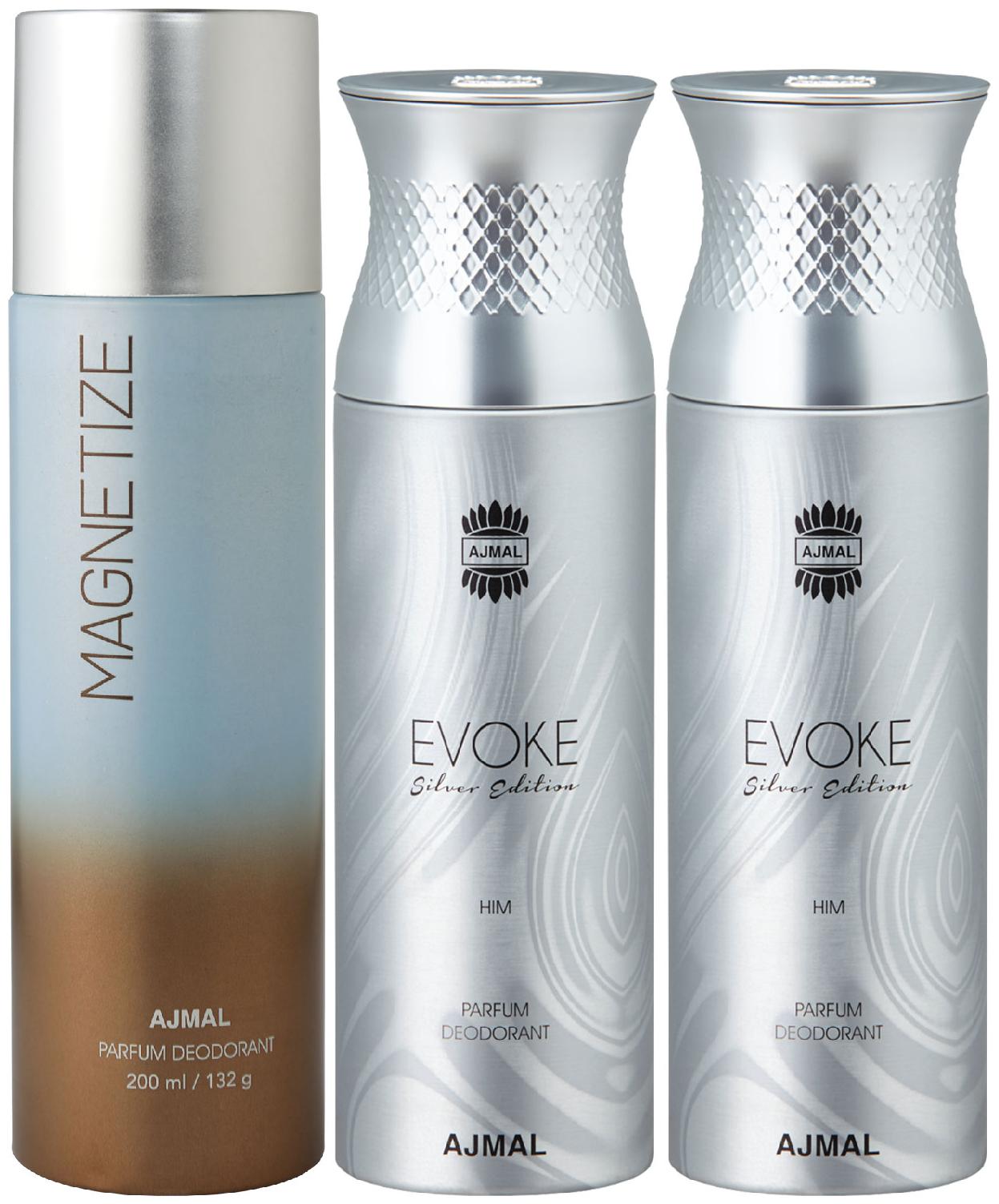 

Ajmal 1 Magnetize for Men Women and 2 Evoke Silver Edition for Him for Men High Quality Deodorants 200 ml Each ( Pack of 3 )