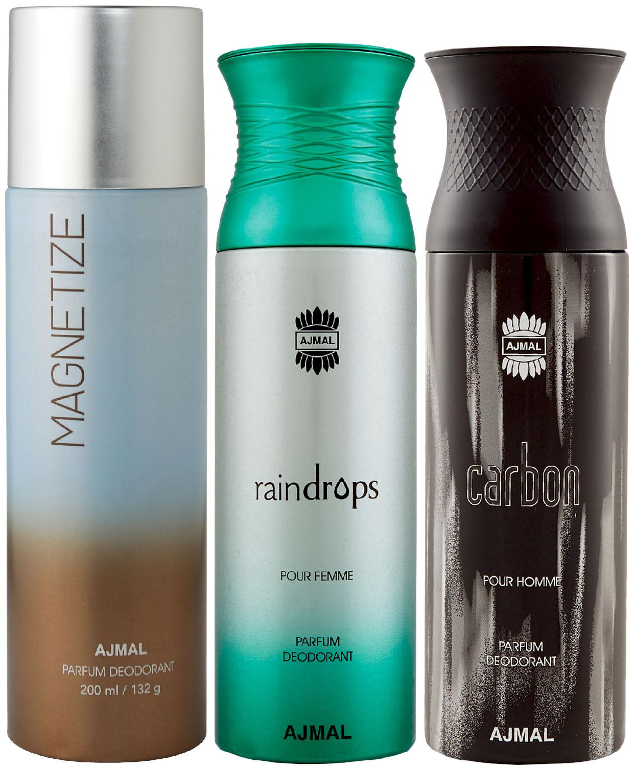 

Ajmal 1 Magnetize for Men Women 1 Raindrops Femme for Women and 1 Carbon for Men High Quality Deodorants each 200 ml (Pack Of 3)