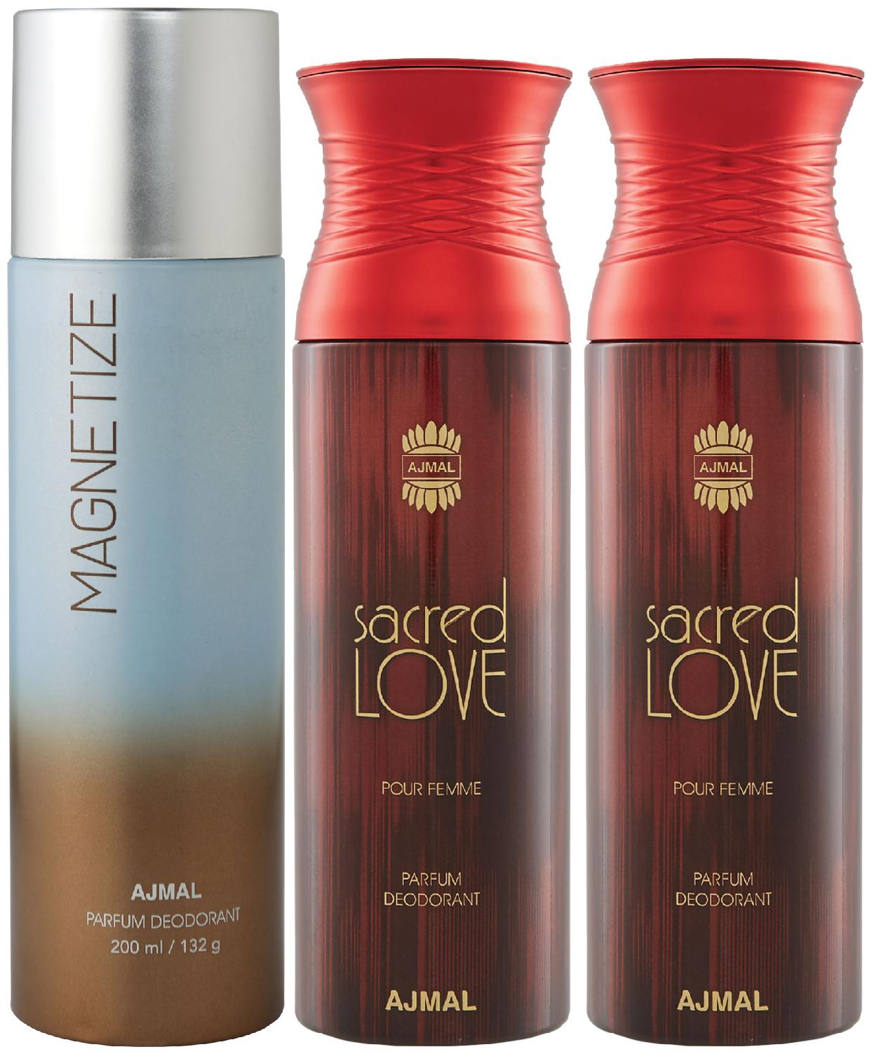 

Ajmal 1 Magnetize for Men Women and 2 Sacred Love for Women High Quality Deodorants 200 ml Each ( Pack of 3 )