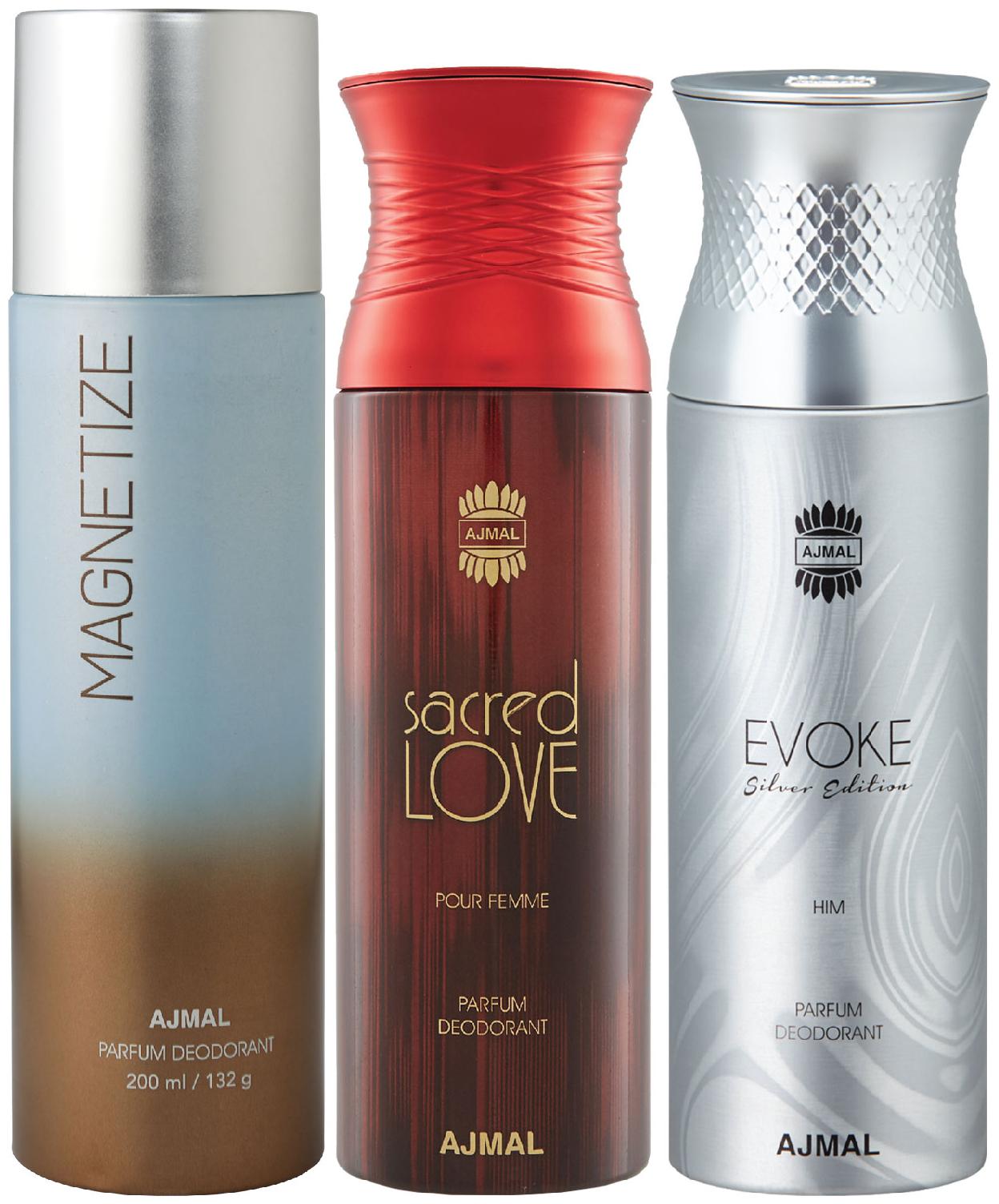 

Ajmal 1 Magnetize for Men Women 1 Sacred Love for Women and 1 Evoke Silver Edition for Him for Men High Quality Deodorants 200 ml Each ( Pack of 3 )