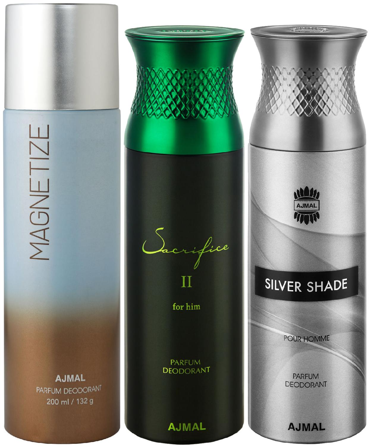 

Ajmal 1 Magnetize for Men Women 1 Ajmal Sacrifice II for Him for Men and 1 Silver Shade for Men High Quality Deodorants each 200 ml (Pack Of 3)