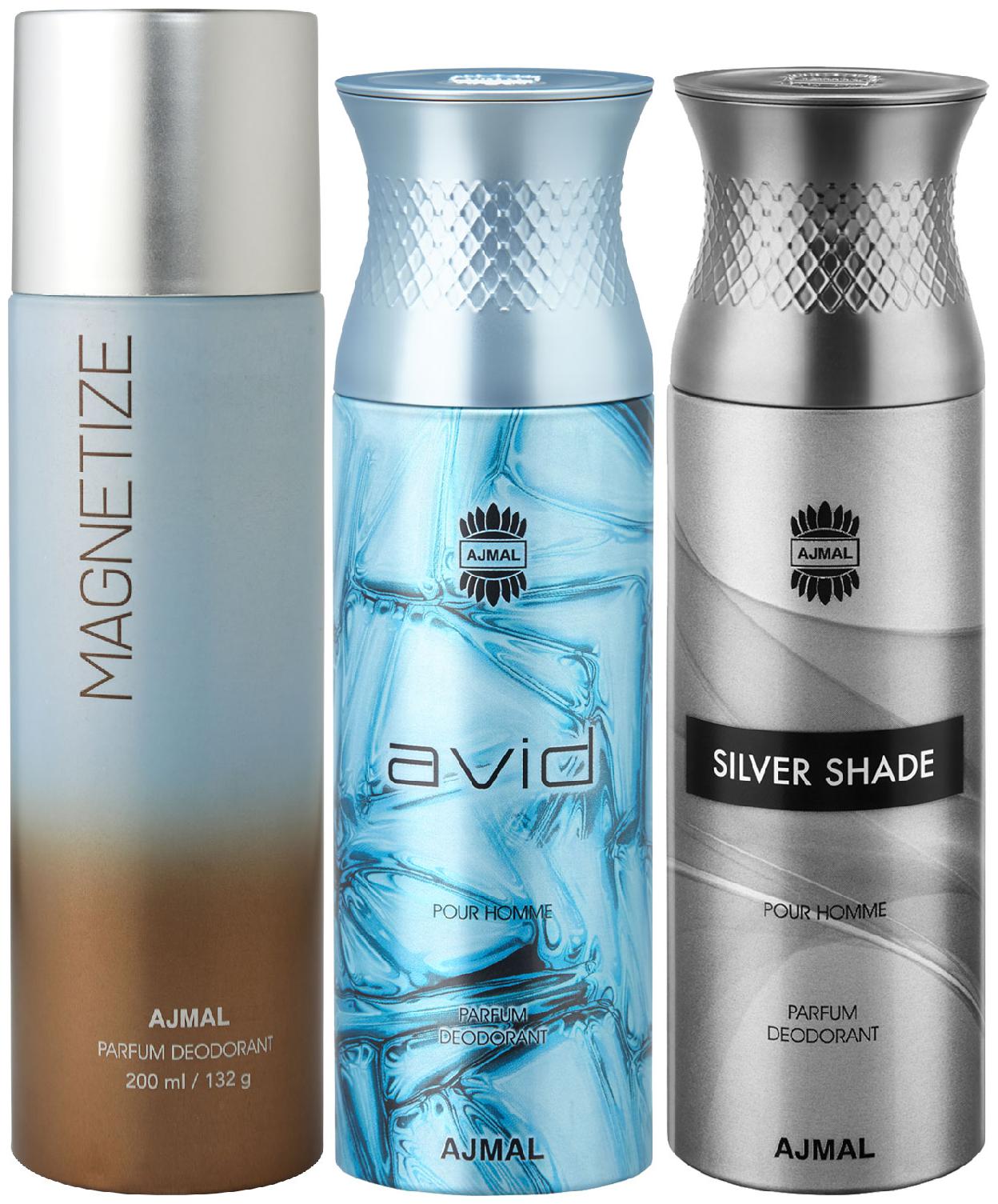 

Ajmal 1 Magnetize for Men Women 1 Ajmal Avid for Men and 1 Silver Shade for Men High Quality Deodorants each 200 ml (Pack Of 3)