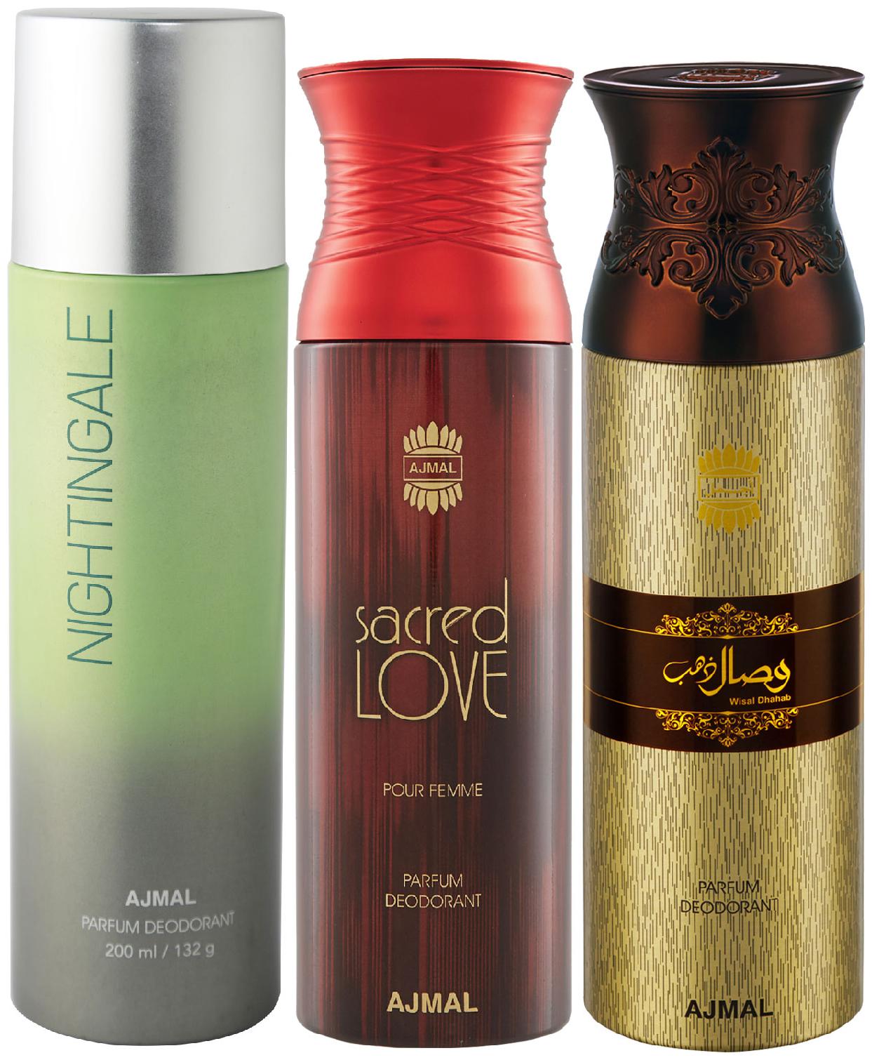 

Ajmal 1 Nightingale for Men Women 1 Sacred Love for Women and 1 Wisal Dhahab for Men High Quality Deodorants 200 ml Each ( Pack of 3 )