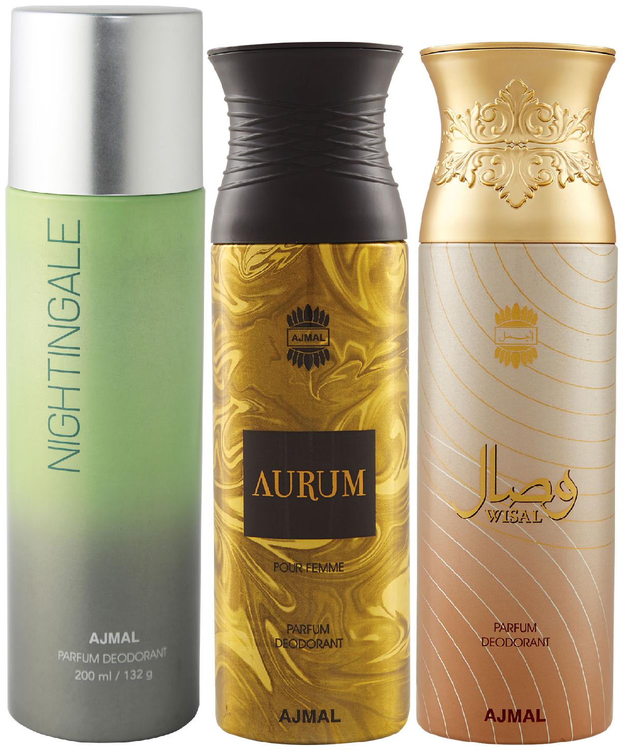 

Ajmal 1 Nightingale for Men Women 1 Aurum Femme for Women and 1 Wisal for Women High Quality Deodorants each 200 ml (Pack Of 3)