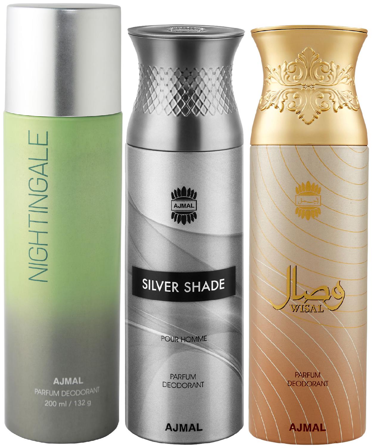 

Ajmal 1 Nightingale for Men Women 1 Ajmal Silver Shade for Men and 1 Wisal for Women High Quality Deodorants each 200 ml (Pack Of 3)