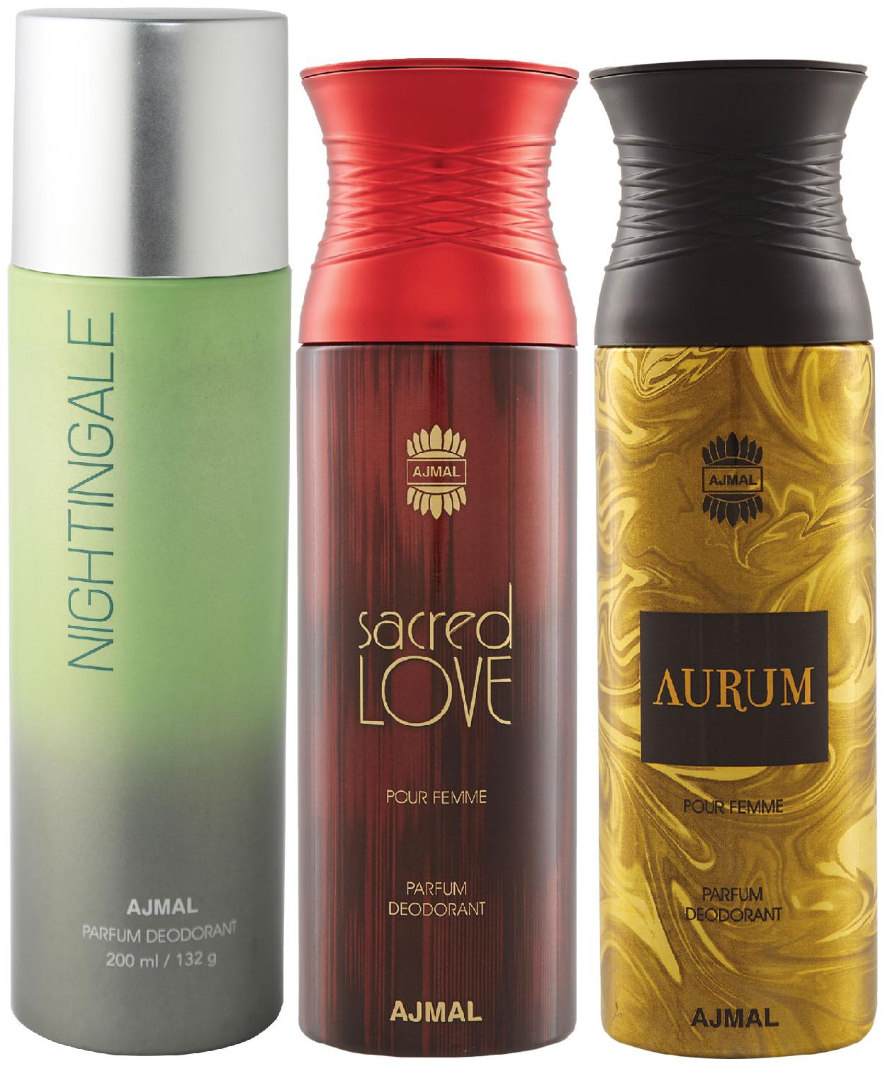 

Ajmal 1 Nightingale for Men Women 1 Sacred Love for Women and 1 Aurum Femme for Women High Quality Deodorants 200 ml Each ( Pack of 3 )