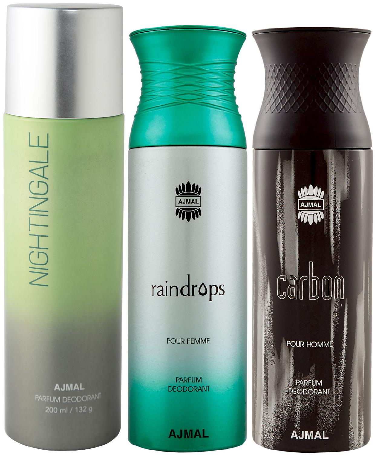 

Ajmal 1 Nightingale for Men Women 1 Raindrops Femme for Women and 1 Carbon for Men High Quality Deodorants each 200 ml (Pack Of 3)