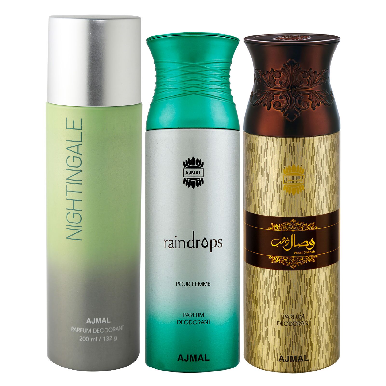 

Ajmal 1 Nightingale for Men Women 1 Raindrops Femme for Women and 1 Wisal Dhahab for Men High Quality Deodorants each 200 ml (Pack Of 3)