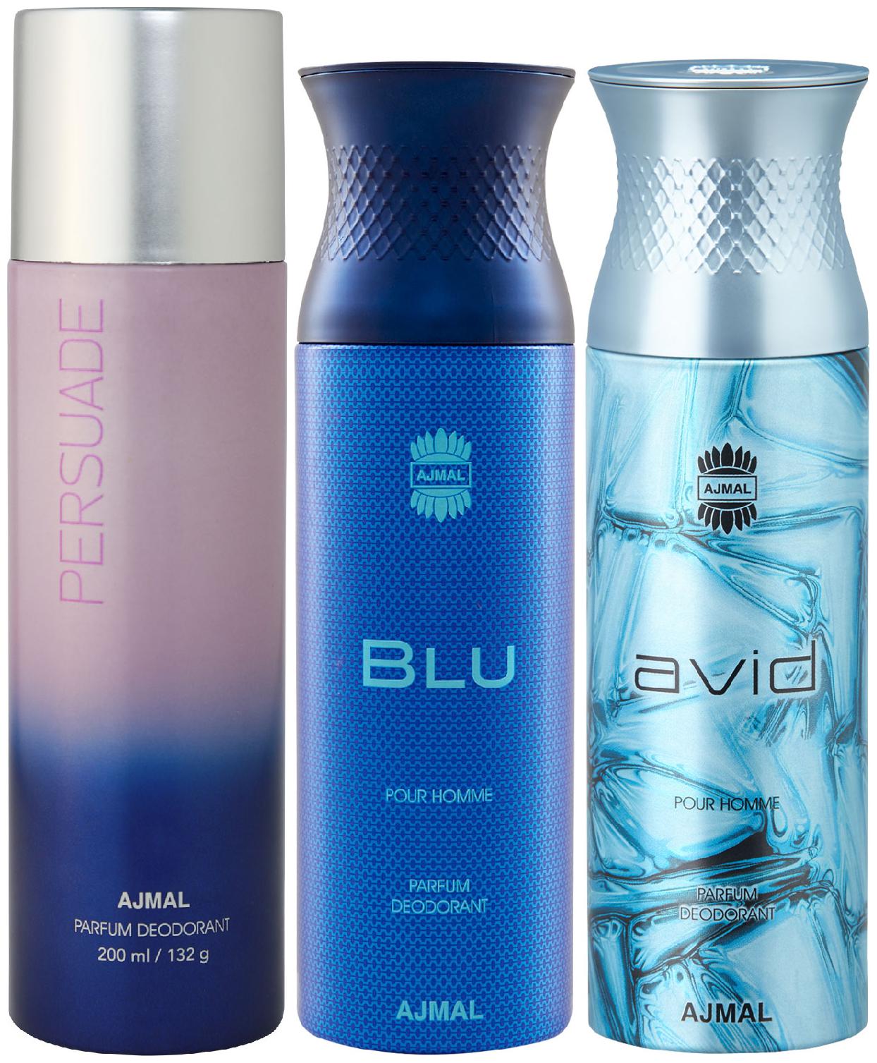 

Ajmal 1 Persuade for Men Women 1 Blu Homme for Men and 1 Avid for Men High Quality Deodorants each 200 ml (Pack Of 3)