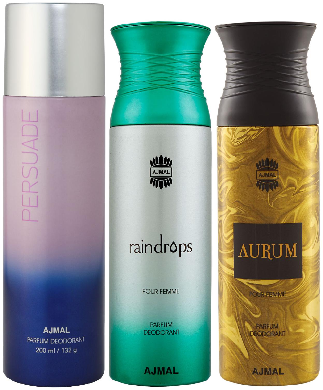 

Ajmal 1 Persuade for Men Women 1 Raindrops Femme for Women and 1 Aurum Femme for Women High Quality Deodorants each 200 ml (Pack Of 3)